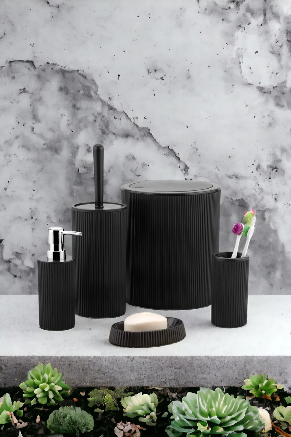 5'li Modern ve Şık Banyo Seti, Sıvı ve Katı Sabunluk, Diş Fırçalık, Çöp Kovası, Klozet Fırçası
