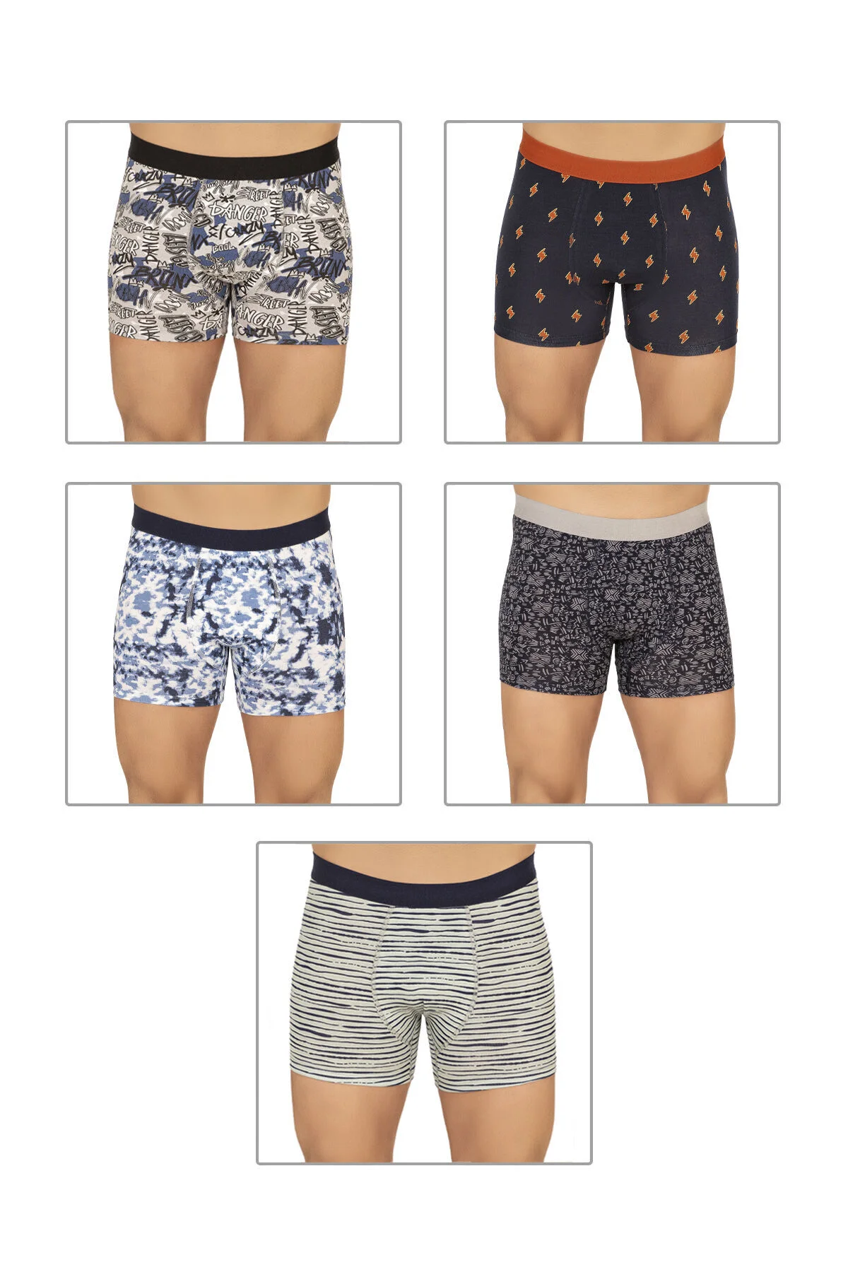 5'li Paket Erkek Pamuklu Karışık Desenli Likralı Penye Boxer