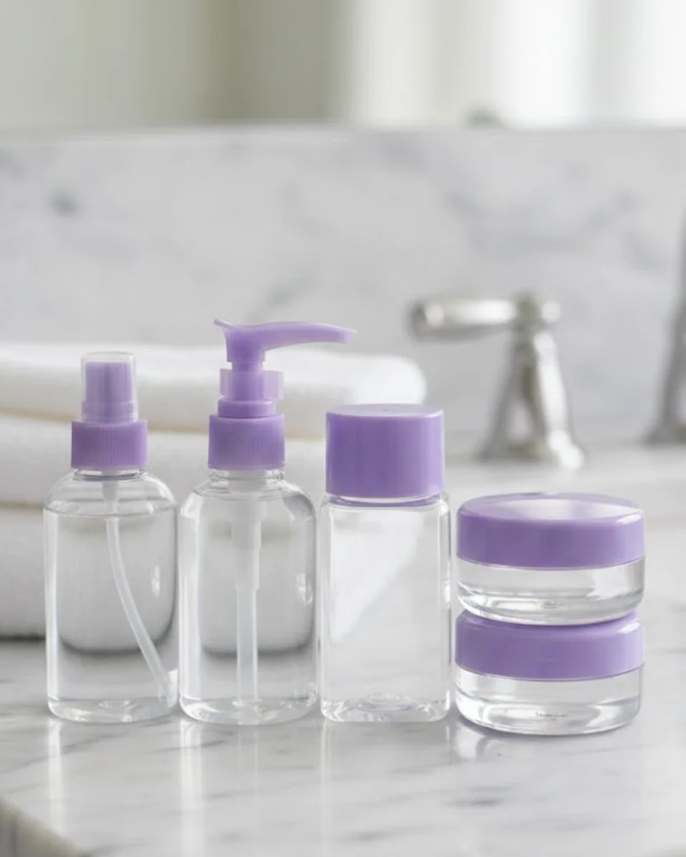 5'li Şeffaf Kozmetik Şişe Seti - 30 ml Sıvı ve Krem Taşıma Çantası