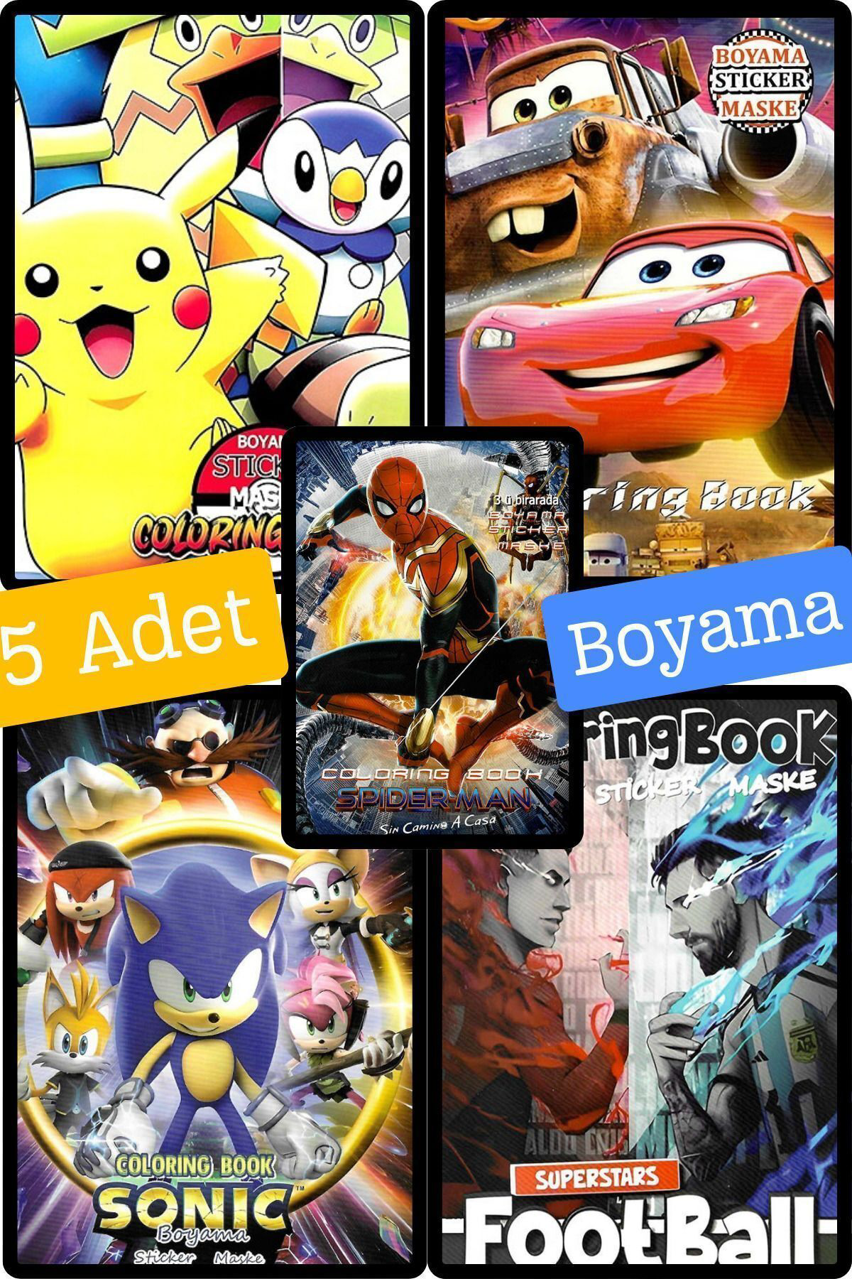 Woody Sofia 5'Li Sonic Pokemon Arabalar Futbol Spiderman Boyama Kitabı Seti(B