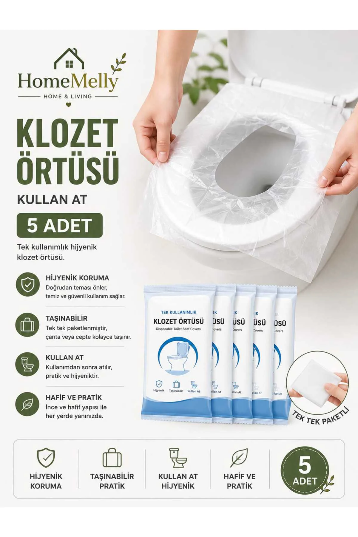 5’li Tek Kullanımlık Klozet Örtüsü – Anti Bakteriyel Hijyenik Koruyucu Tuvalet Poşeti Seti