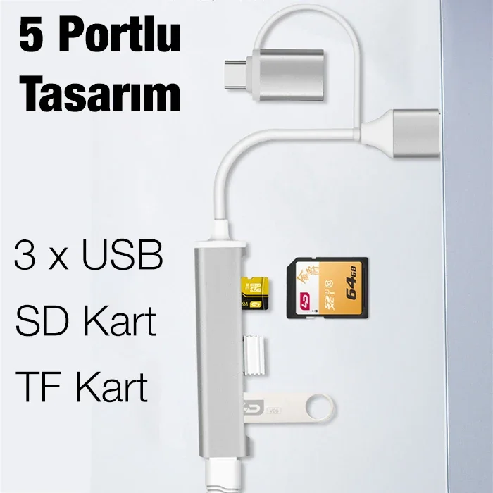 5'li Type-C & USB 3.0 Hub Adaptör - 3xUSB 3.0 SD TF Okuyucu