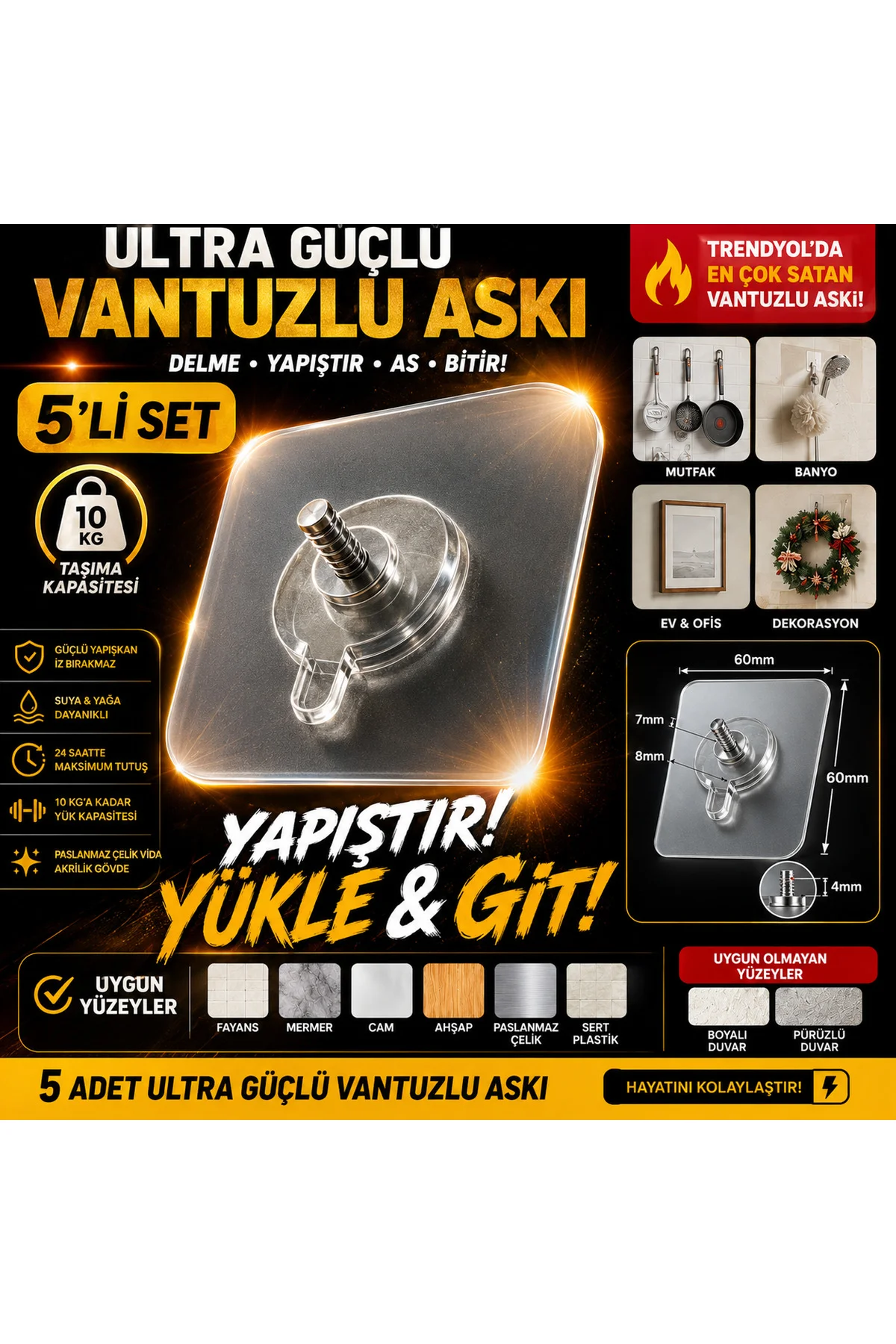 5’li Ultra Güçlü Şeffaf Vantuzlu Askı – Delmeden Yapışkanlı Kanca 10 KG Taşıma
