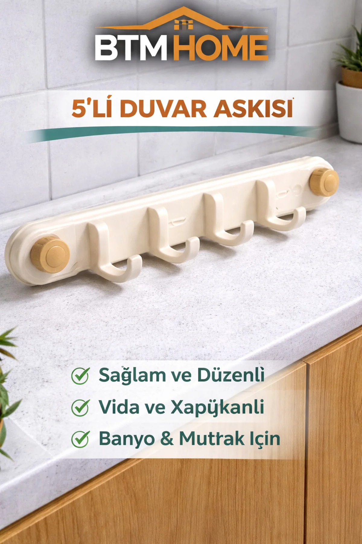 5’li Vantuzlu Duvar Askısı Çok Amaçlı Askılık Banyo Mutfak Havlu 