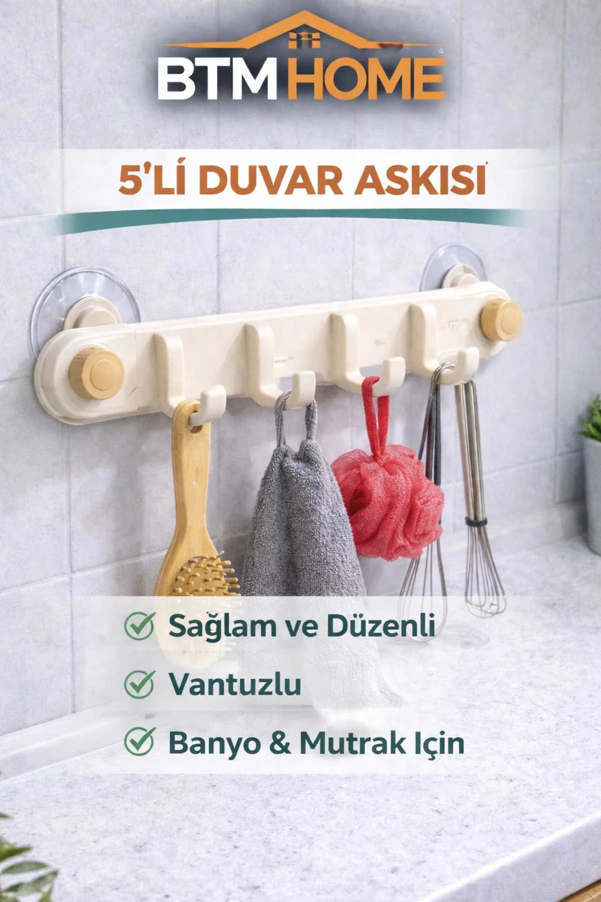 5’li Vantuzlu Duvar Askısı Çok Amaçlı Askılık Banyo Mutfak Havlu 