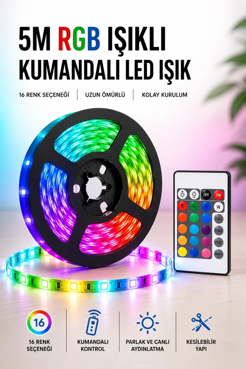 5M RGB Kumandalı Şerit LED Işık - Her Ortama Uygun, Enerji Tasarruflu Aydınlatma Sistemi