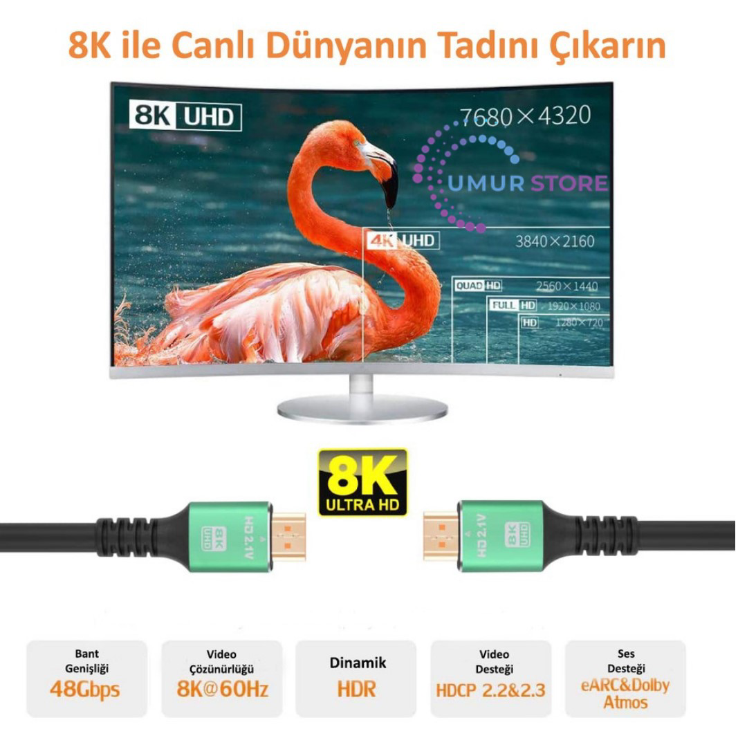 5mt 8k 60HZ HDMI 2.1 - Ethernet 48 Gbps Metal Başlık HDMI Kablo