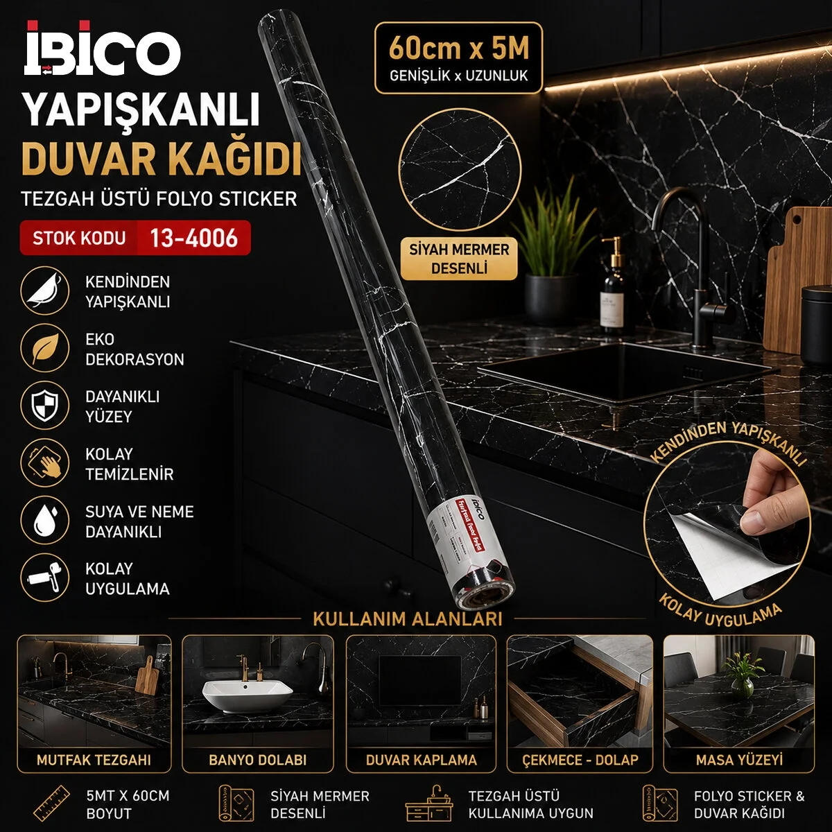 5mt X 60cm Siyah Mermer Desenli Tezgah Üstü Folyo Sticker - Duvar Kağıt Kendinden Yapışkanlı - Eko Dekorasyon - Dayanıklı Bx40 Fiyatı, Yorumları ve Özellikleri