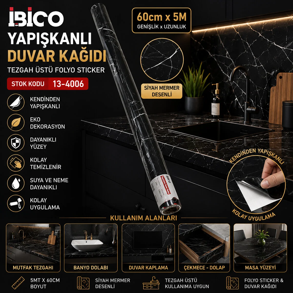 5MT X 60CM Siyah Mermer Desenli Tezgah Üstü Folyo Sticker - Duvar Kağıt Kendinden Yapışkanlı - Eko Dekorasyon - Dayanıklı 5MT X 60CM Siyah Mermer Desenli Tezgah Üstü Folyo Sticker - Duvar Kağıt Kendinden Yapışkanlı - Eko Dekorasyon - Dayanıklı