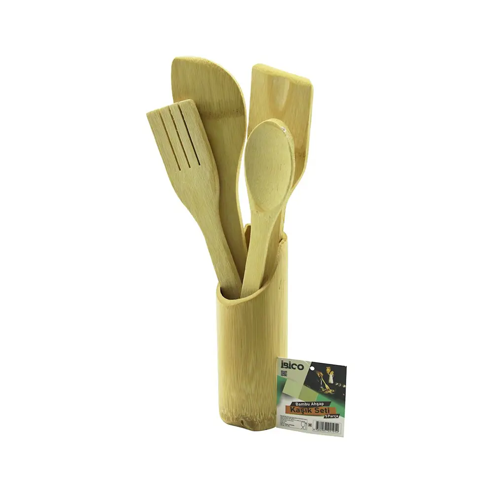 5PCS AHŞAP BAMBU MUTFAK SETİ STAND - KAŞIK - ÇATAL - 2 SPATULA Fİ