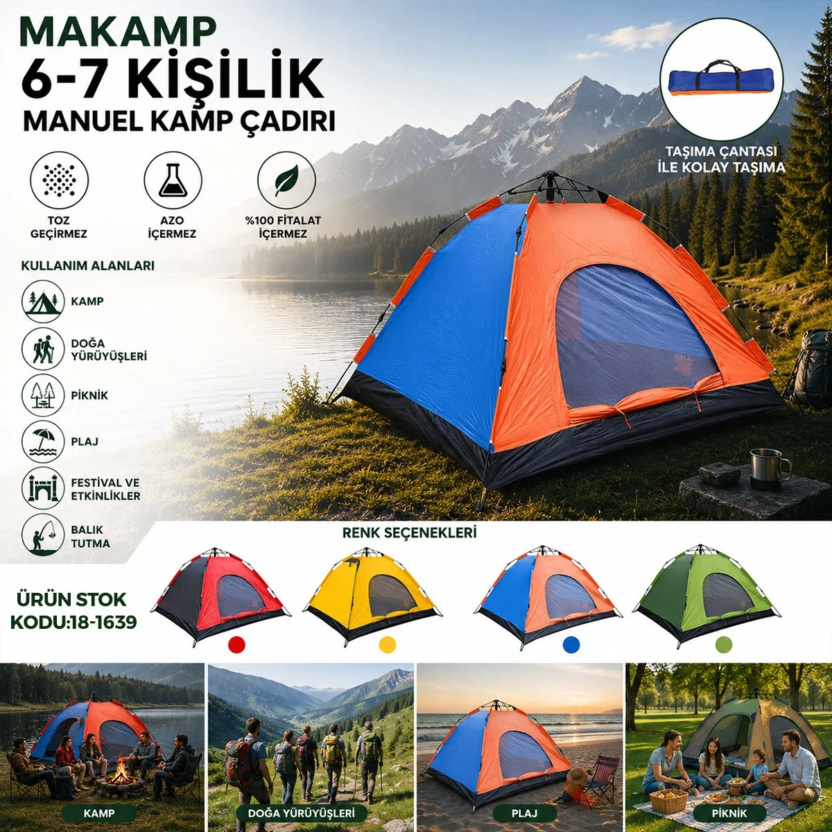 6-7 Kişilik Toz Geçirmez 220cmx250cmx150cm Manuel Kamp Çadır Herhangi Bir Renk Gönderilir Bx40 Fiyatı, Yorumları ve Özellikleri
