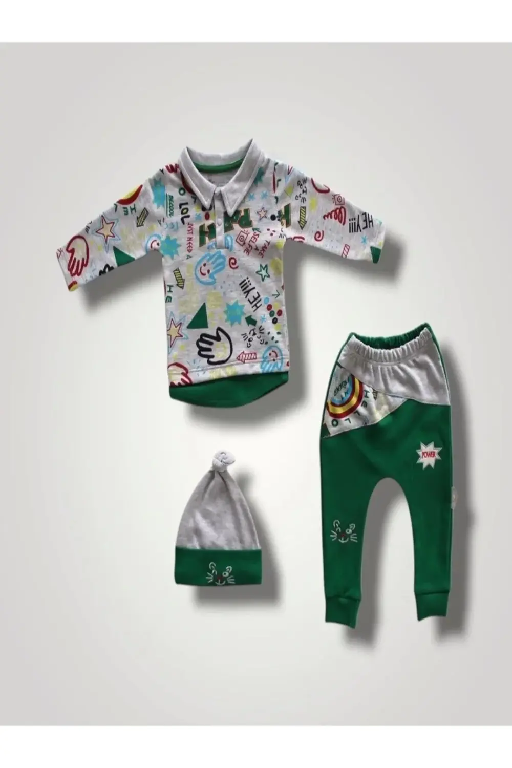 6-9 12-18 18-24 Ay Power Kedi Nakışlı Uzun Kollu Sweat Şapkalı 3l