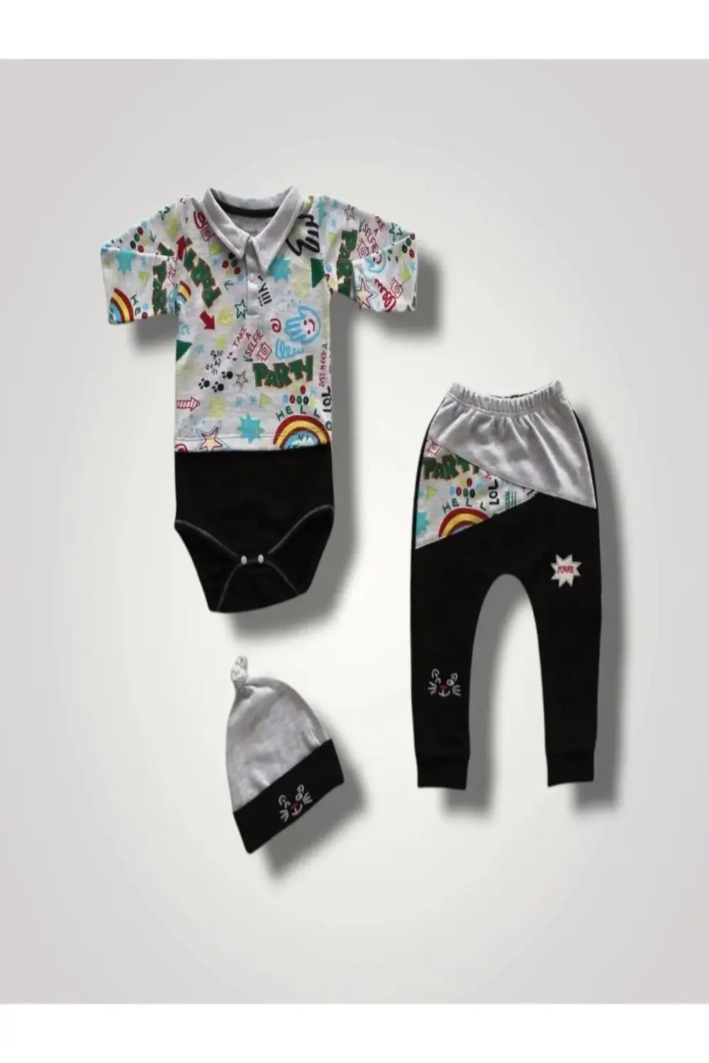 6-9 12-18 18-24 Ay Power Kedi Nakışlı Uzun Kollu Zıbınlı Şapkalı