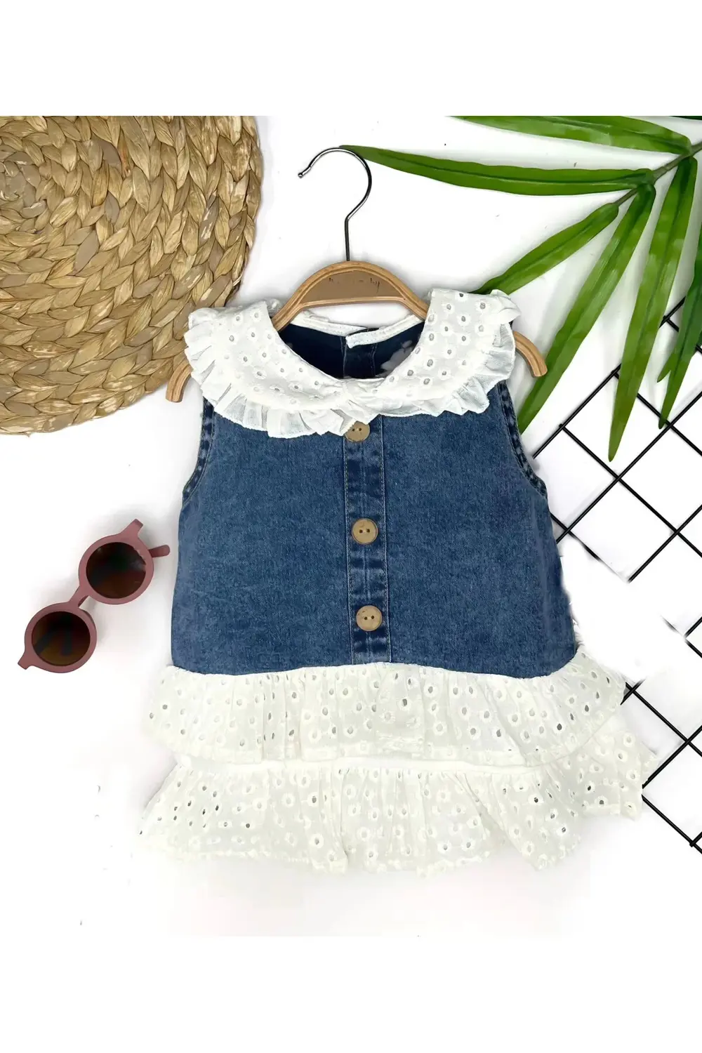 6-9-12-18 Ay Güpür Yaka Ve Etek Detaylı Kot Kilotlu Etek Kız Bebe