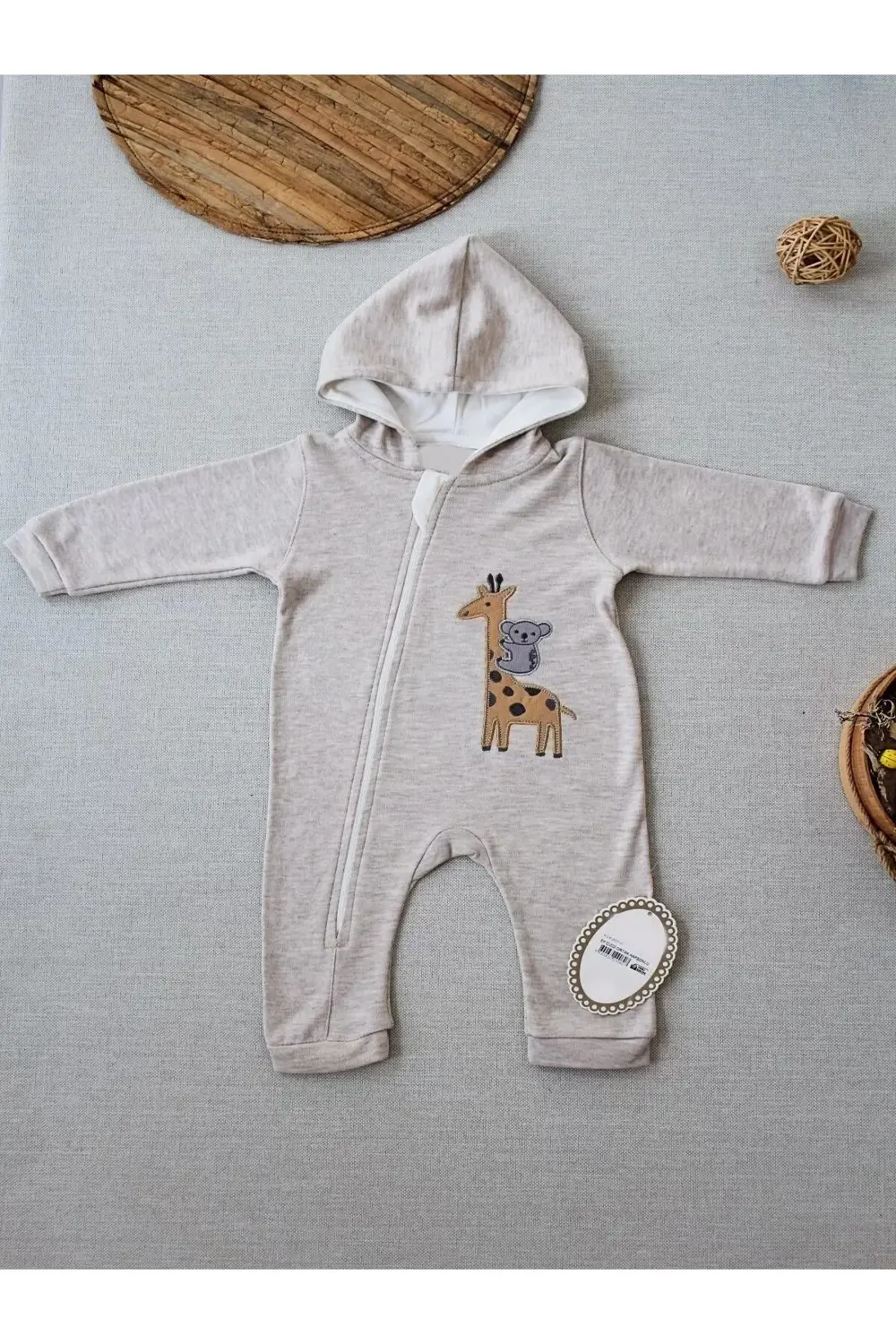 6-9 9-12 Ay Ef Çizgi Boy Fermuarlı Zürafa Nakışlı Kapşonlu Kız Er