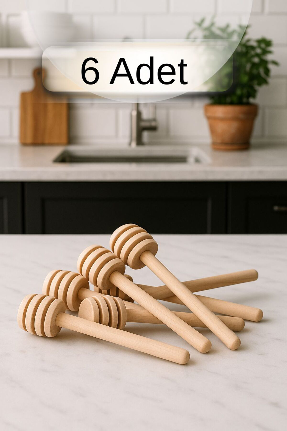 6 Adet Ahşap Bal Kaşığı Seti Bal Damlalığı Bal Servis Kaşığı