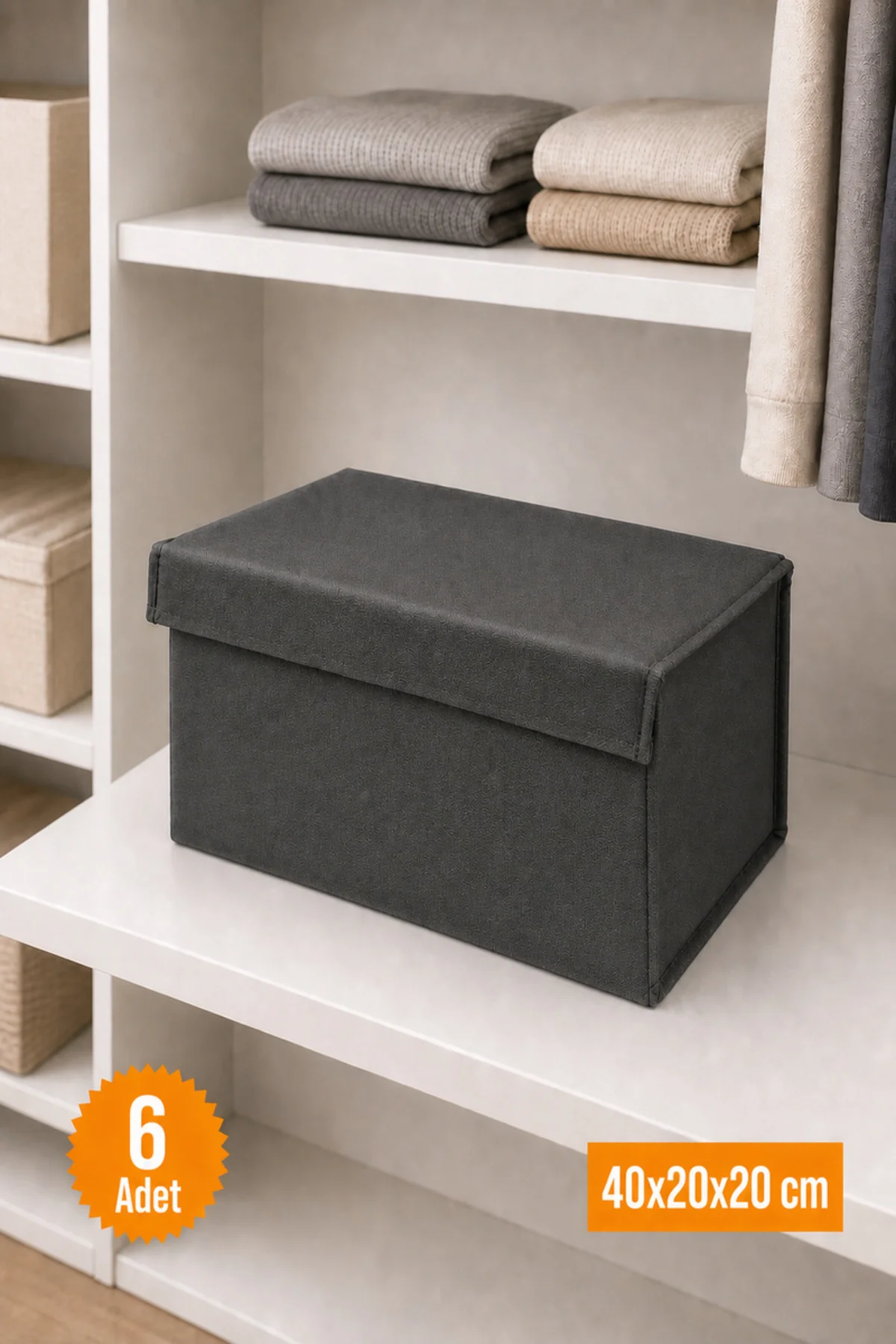 6 Adet Antrasit Kapaklı Dolap İçi Düzenleyici, Katlanabilir Kıyafet Saklama Kutusu, Raf Düzenleyici Organizer Large 40x20x20cm 6 Adet Antrasit Kapaklı Dolap İçi Düzenleyici, Katlanabilir Kıyafet Saklama Kutusu, Raf Düzenleyici Organizer Large 40x20x20cm