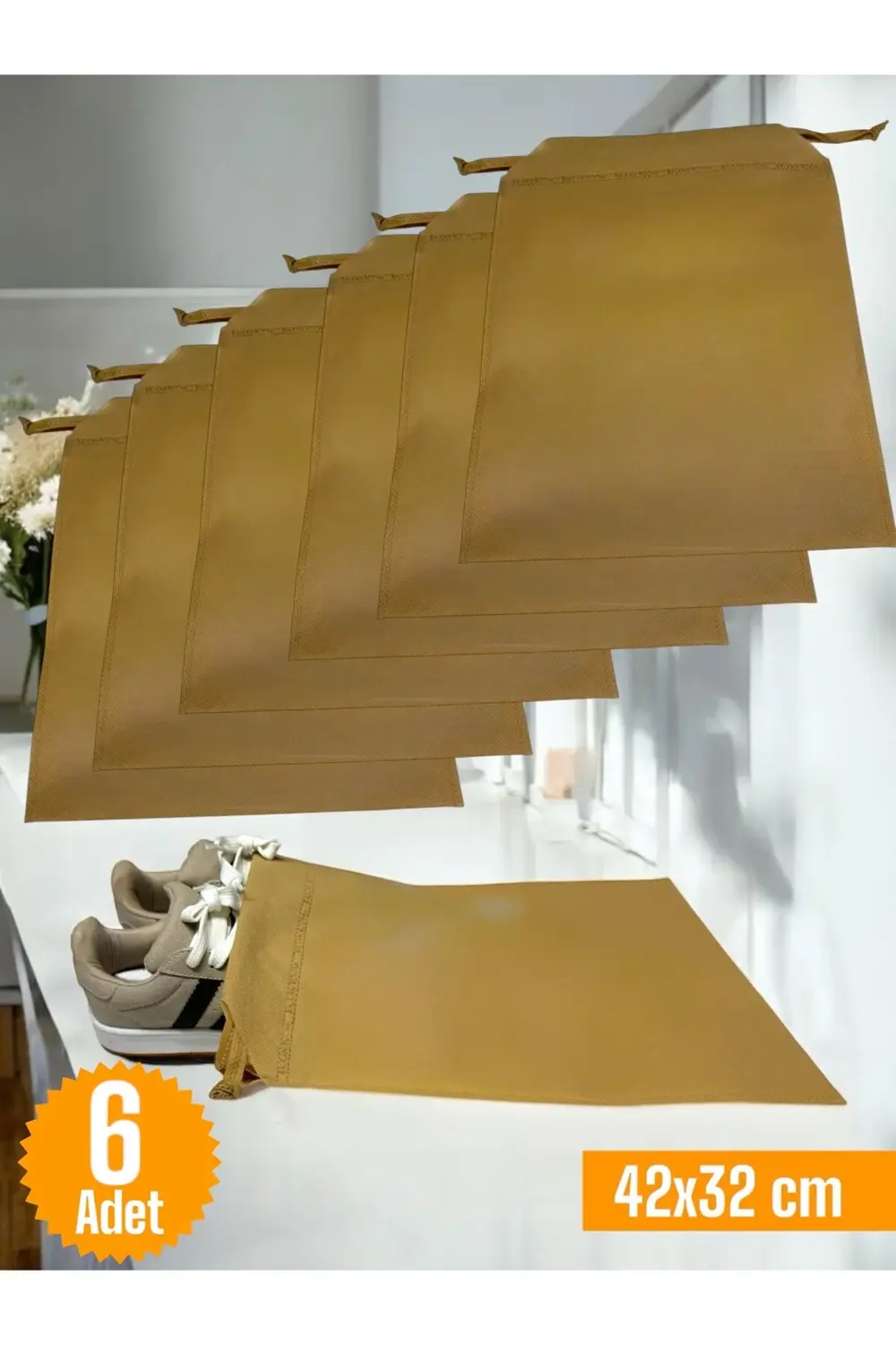 6 Adet Bej Büzgülü Ayakkabı Saklama Çantası Seyahat Hurcu Çok Ama