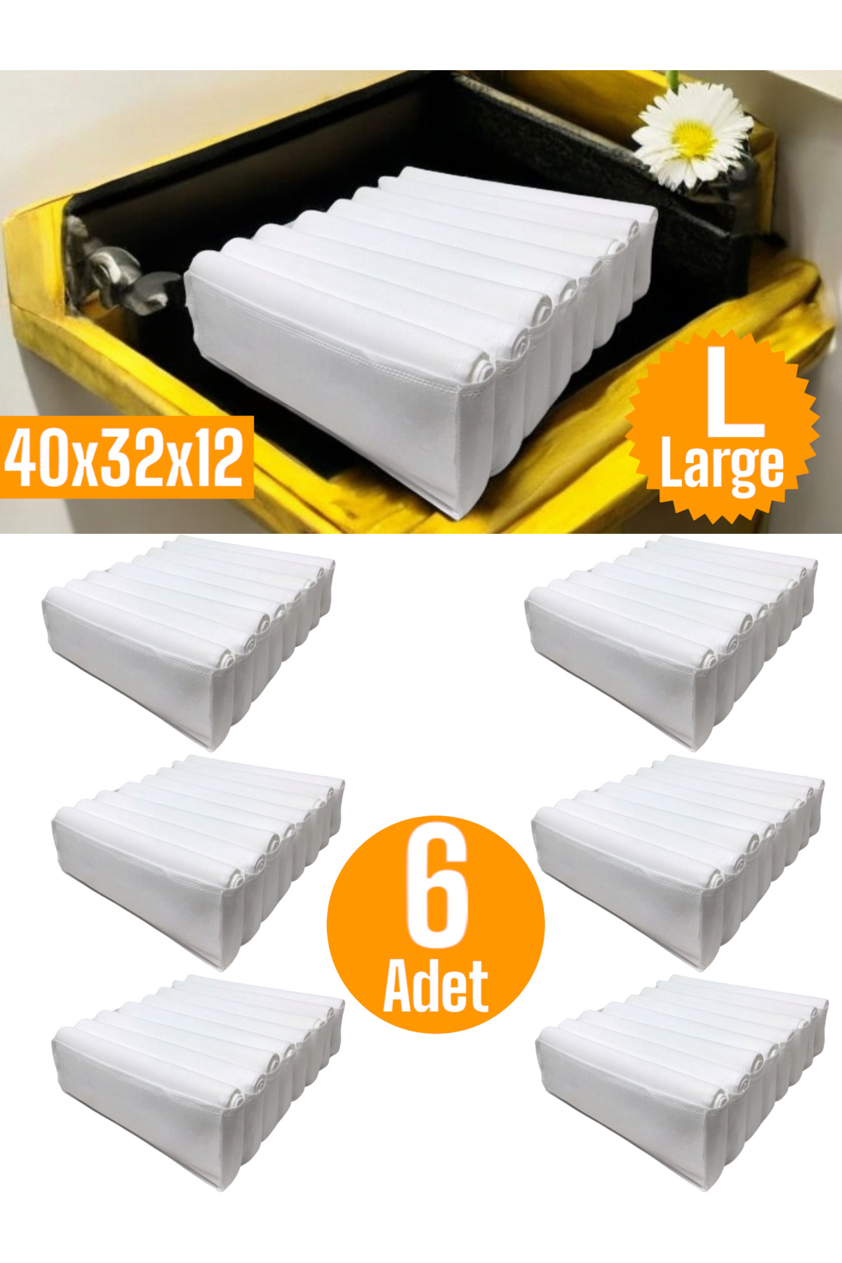 6 Adet Beyaz Akordiyon Tipi Large 8 Gözlü Çekmece İçi Düzenleyici