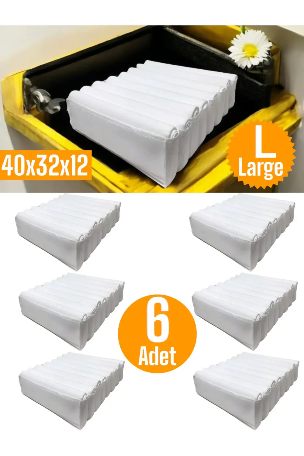 6 Adet Beyaz Akordiyon Tipi Large 8 Gözlü Çekmece İçi Düzenleyici