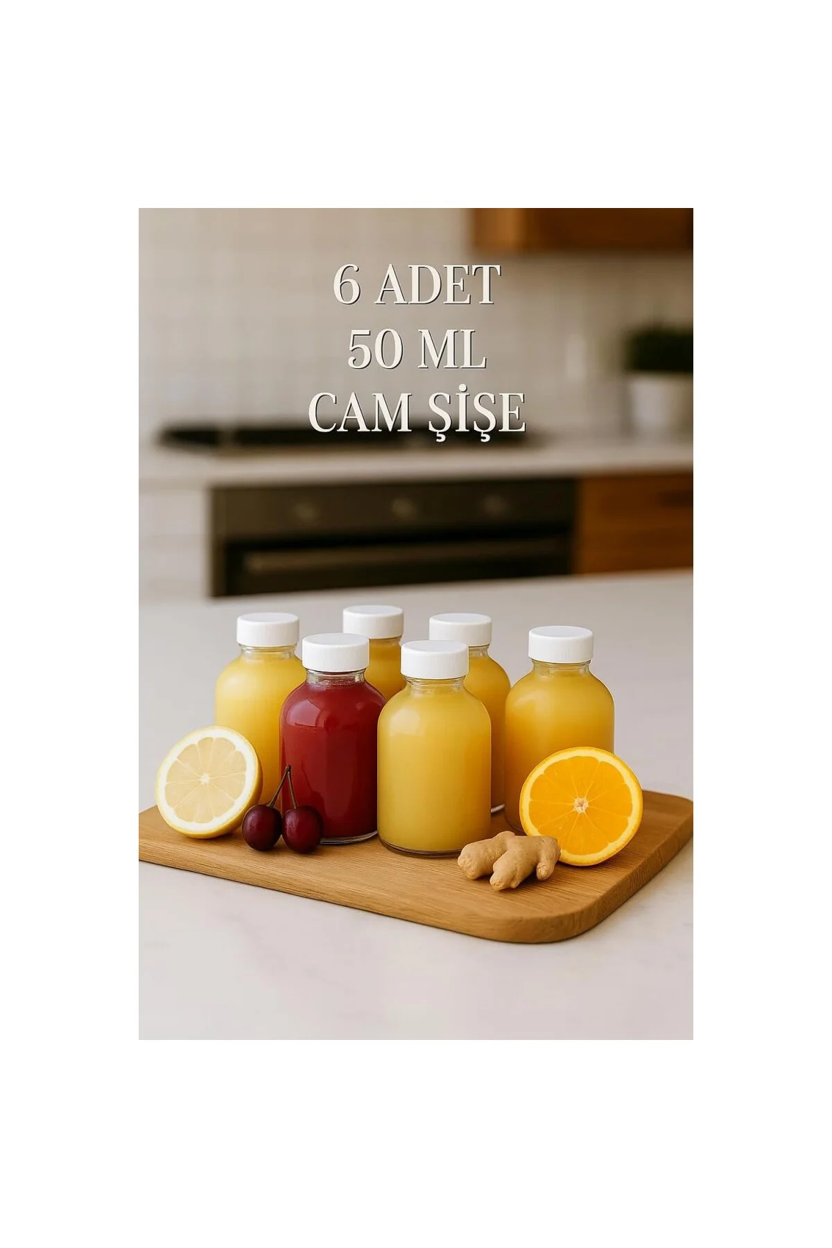 6 Adet Cam 50 ml Mini Shot Ginger Detox Şişe Plastik Sızdırmaz Ka