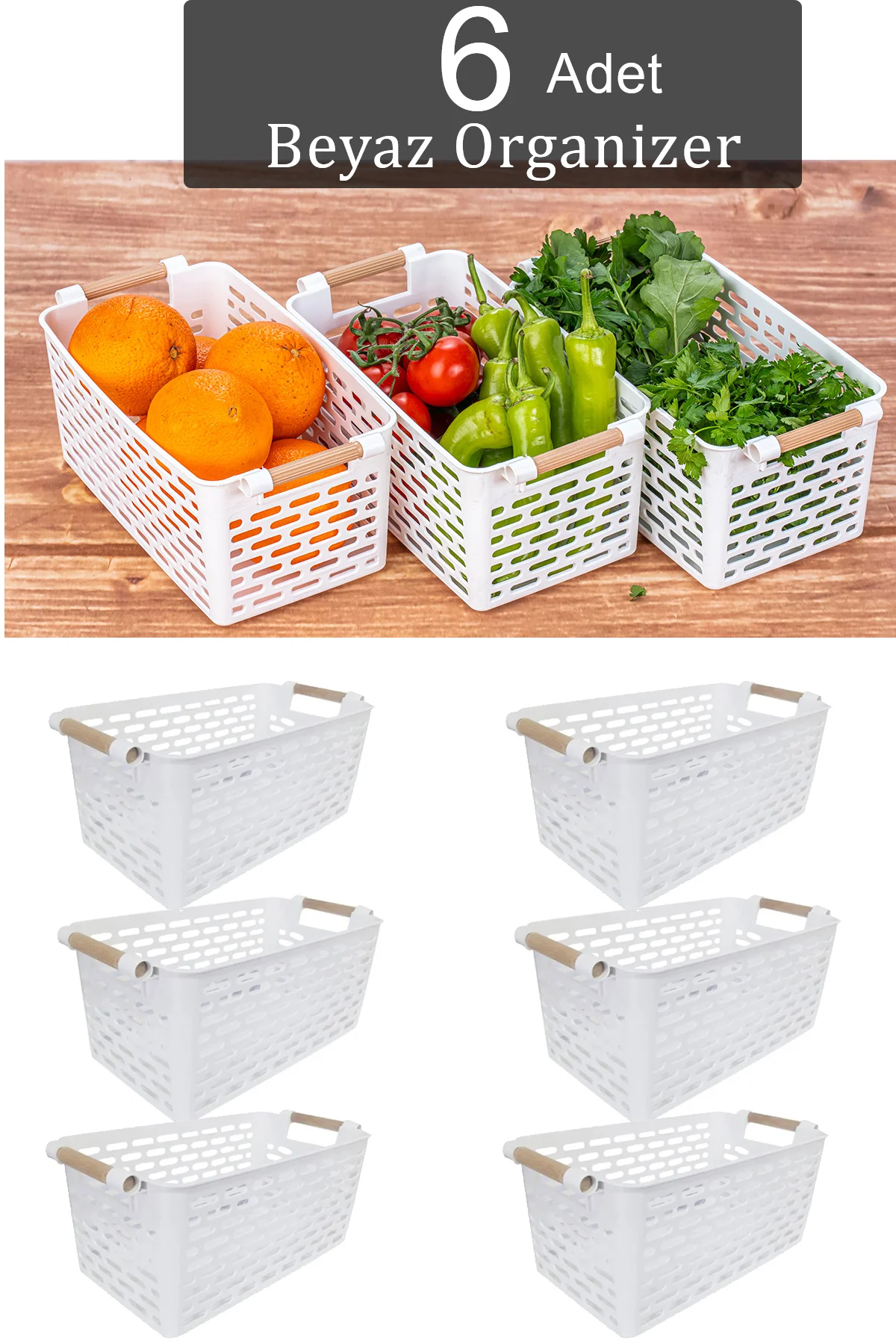 6 Adet Çok Amaçlı Tutacaklı Organizer Sepet - Dolap Içi Ve Buzdol
