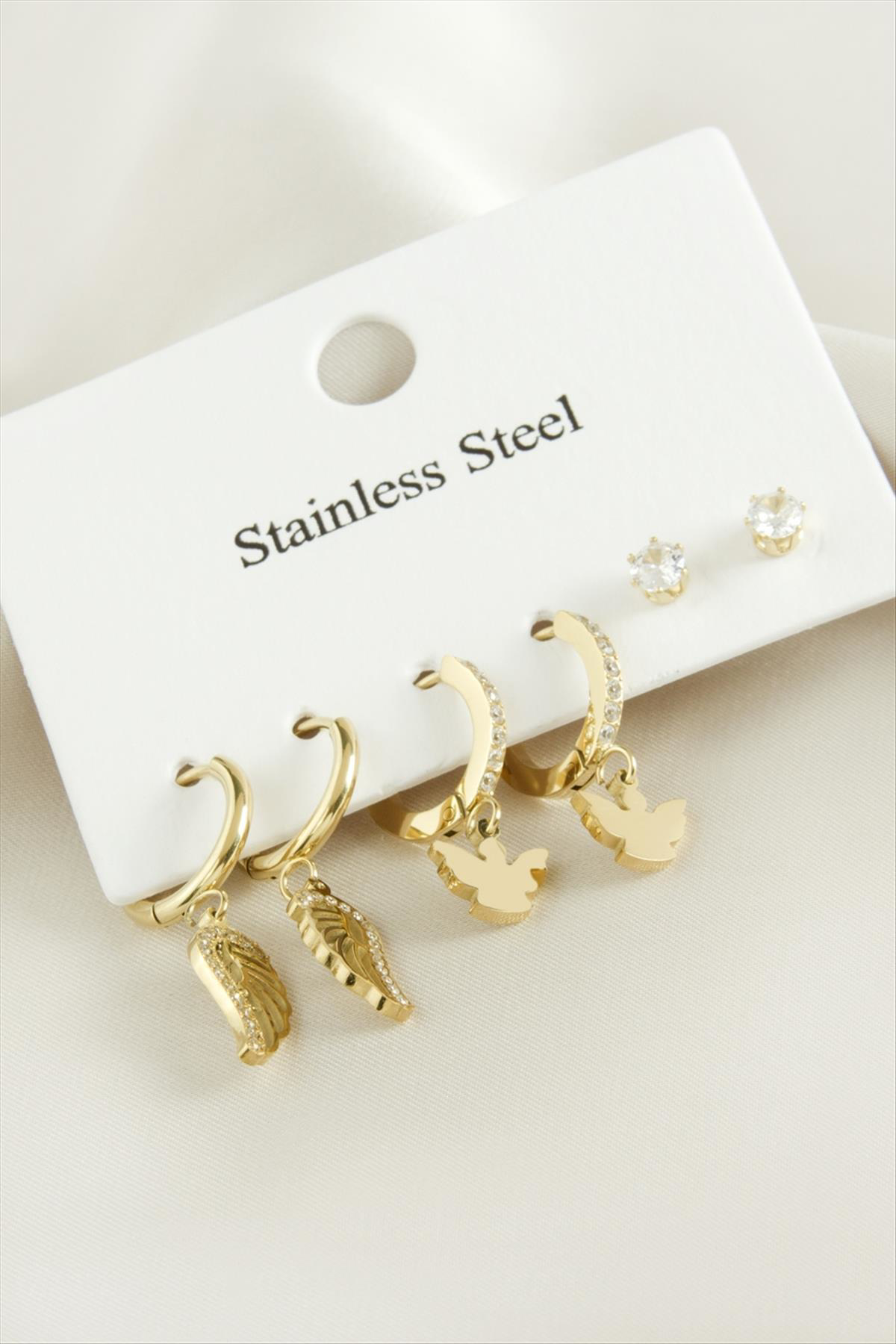 6 Adet Kanat Zirkon Taşlı Lüks Çelik Küpe