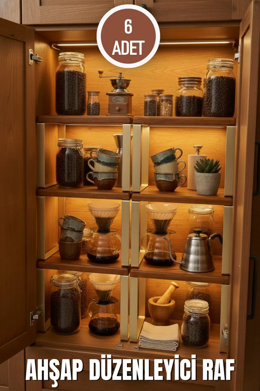 6 Adet Lüks Ahşap Düzenleyici Raf Dolap İçi Tezgah Üstü Metal Aya
