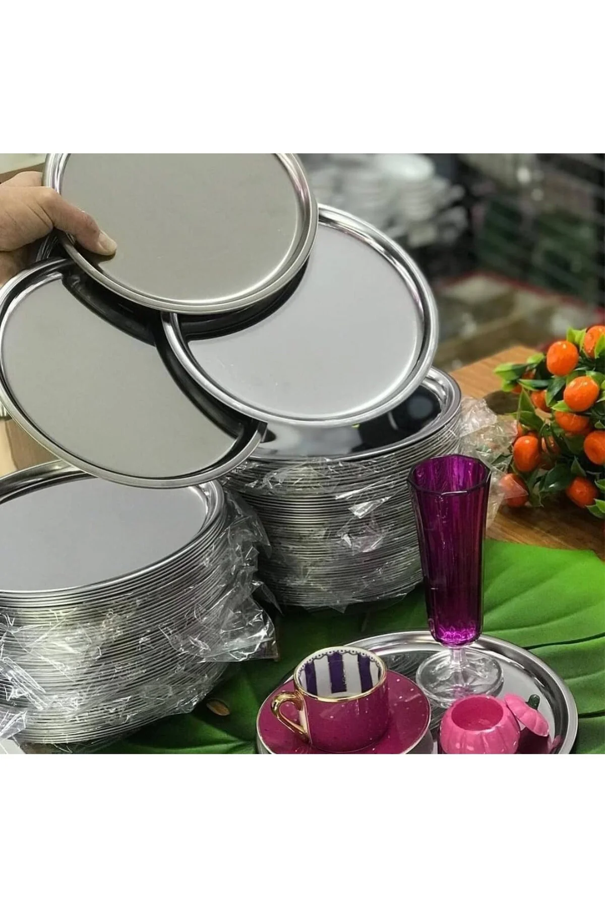 6 Adet Lüx Gümüş Paslanmaz Çelik Yuvarlak Çay,Kahve,Pasta Servis 