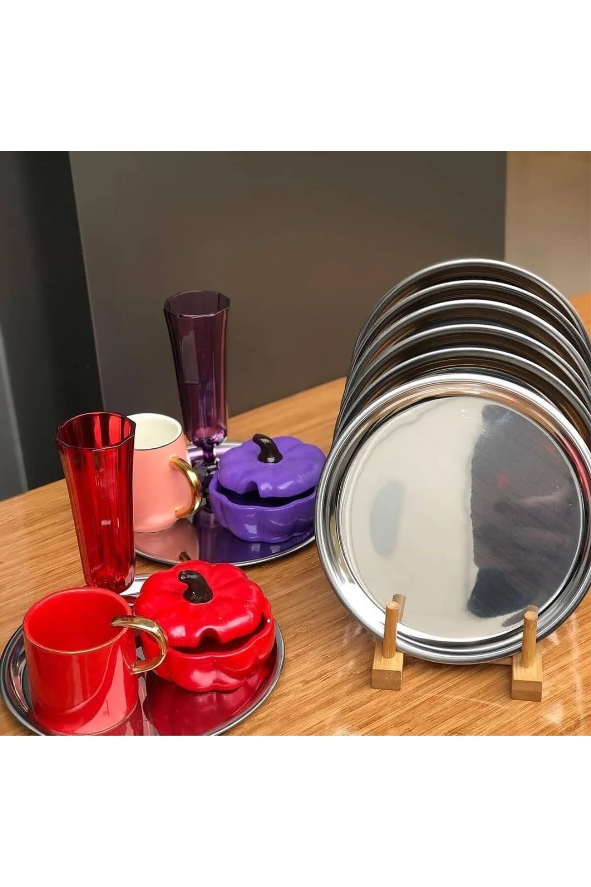 6 Adet Lüx Gümüş Paslanmaz Çelik Yuvarlak Çay,Kahve,Pasta Servis 