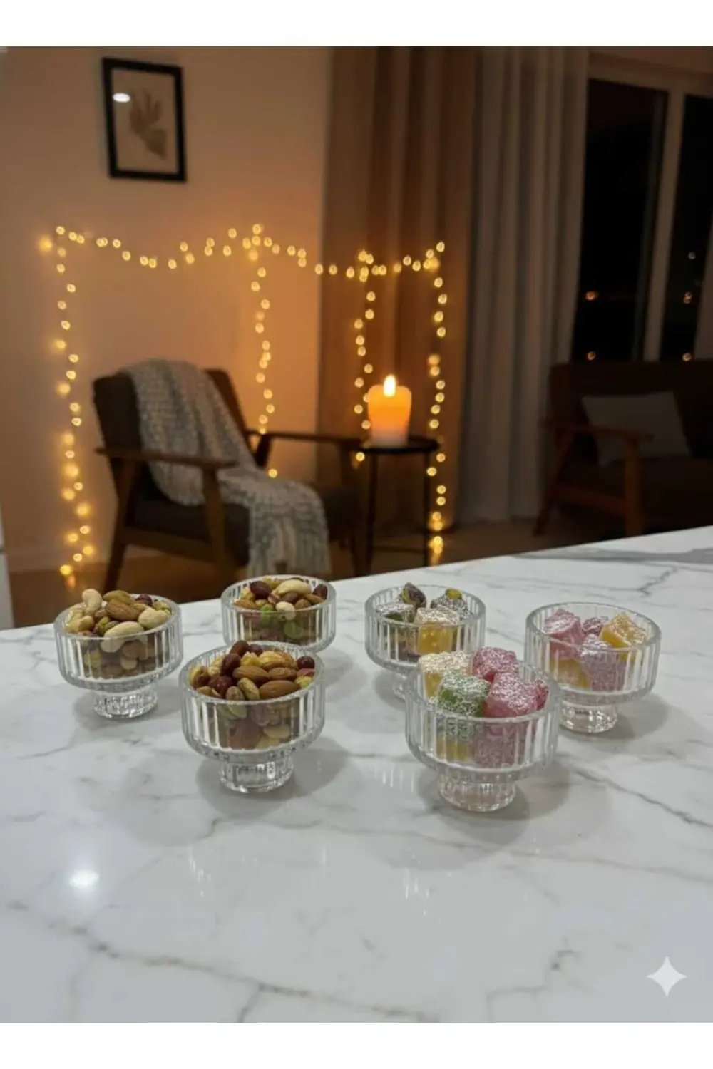 6 Adet Origami Desen Çizgili Cam Mumluk | Çok Amaçlı Mumluk Çerez