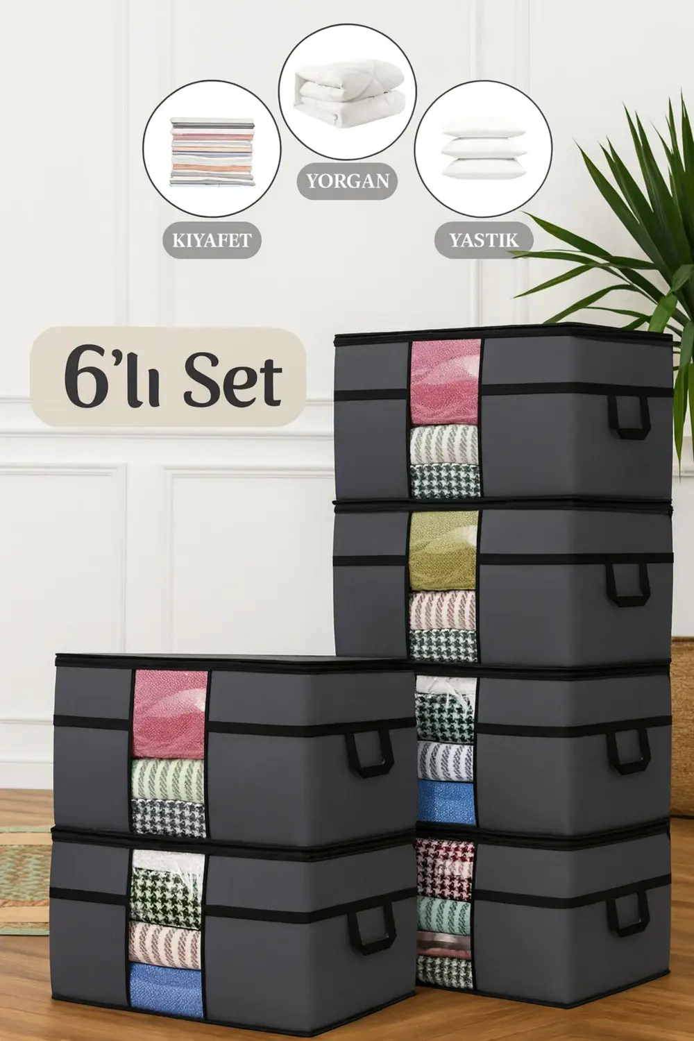 6 Adet Pencereli Yastık Saklama Hurcu - Mega Boy Yorgan Hurç Orga