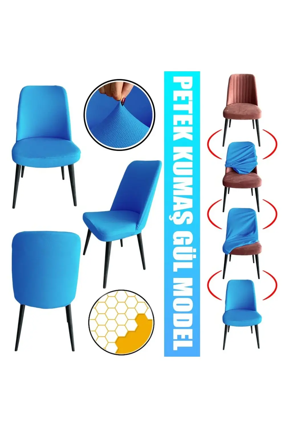 6 Adet Petek Kumaş Gül Tipi Sandalye Kılıfı & Sandalye Örtüsü Set