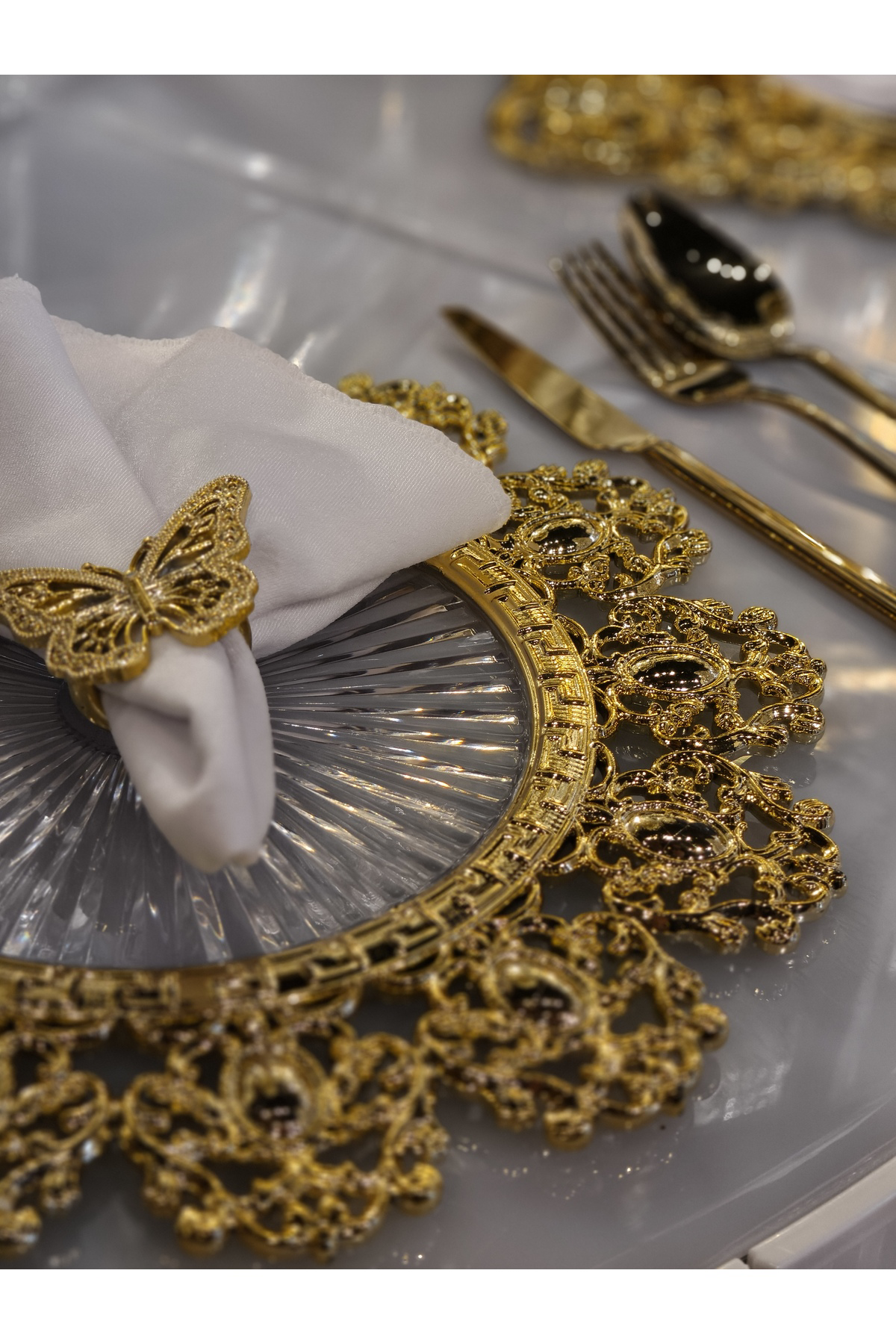 6 Adet Set Gold Detaylı Şeffaf Supla 30 cm - Lüks Amerikan Servis