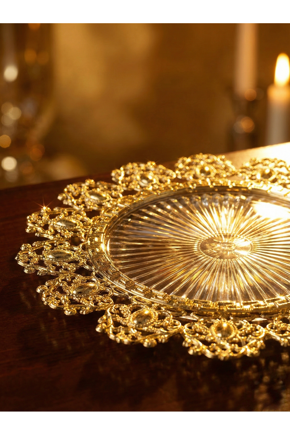 6 Adet Set Gold Detaylı Şeffaf Supla 30 cm - Lüks Amerikan Servis