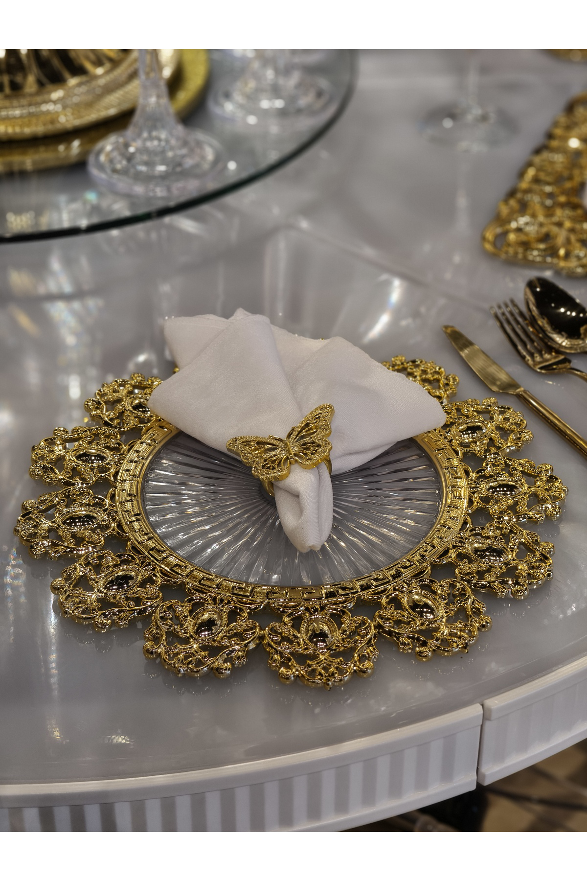 6 Adet Set Gold Detaylı Şeffaf Supla 30 cm - Lüks Amerikan Servis
