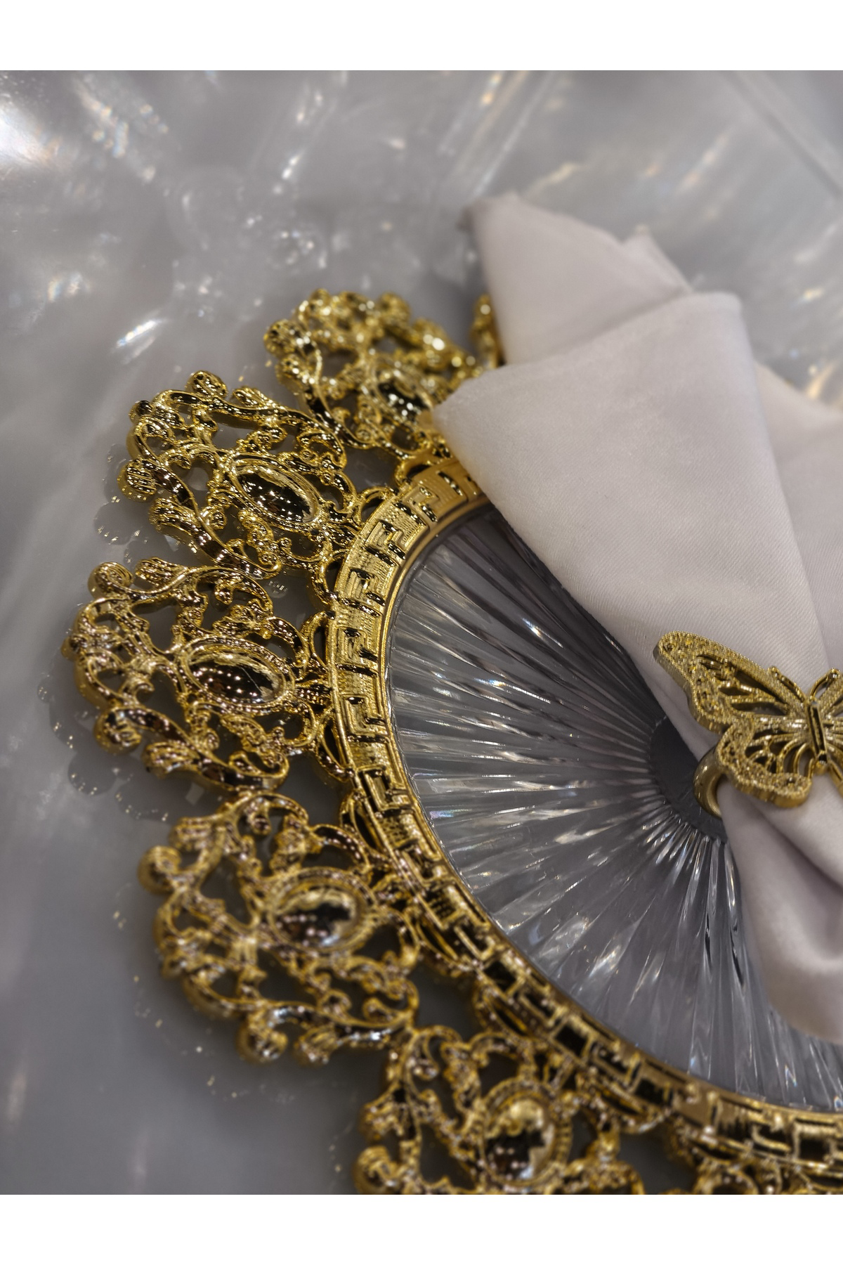 6 Adet Set Gold Detaylı Şeffaf Supla 30 cm - Lüks Amerikan Servis