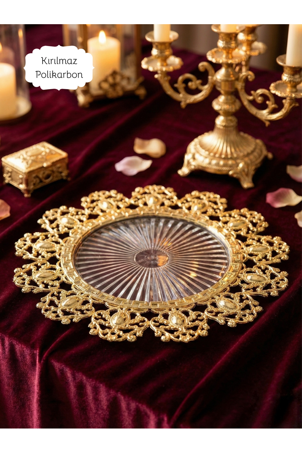 6 Adet Set Gold Detaylı Şeffaf Supla 30 cm - Lüks Amerikan Servis