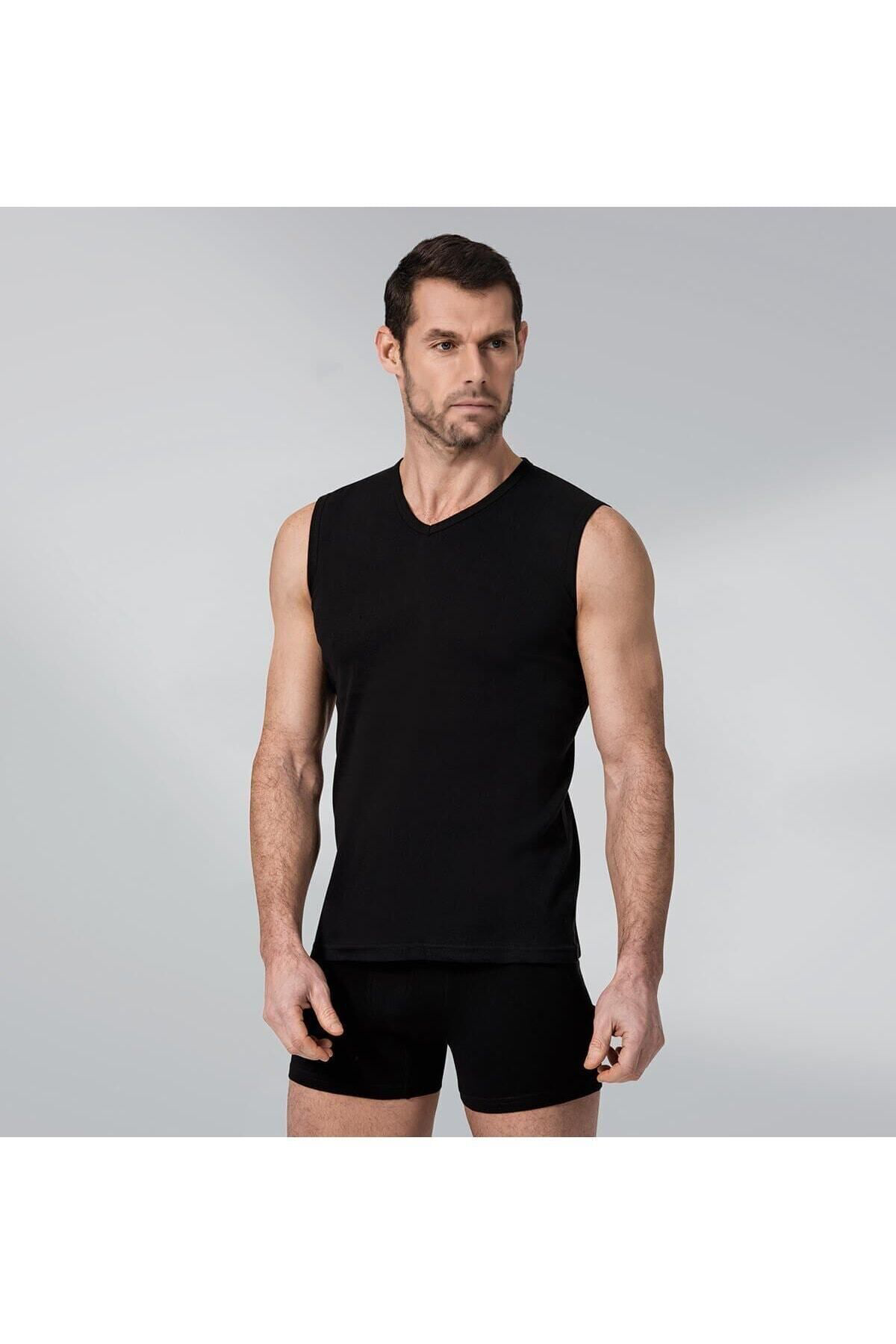 6 Adet Siyah Renk Kolsuz V Yaka Ribana Atlet