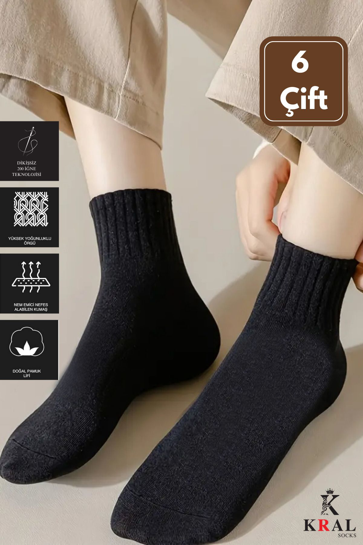 Kral Socks 6 Çift Pamuklu Tenis Çorap Dikişsiz Kolej Boy Unisex Siyah