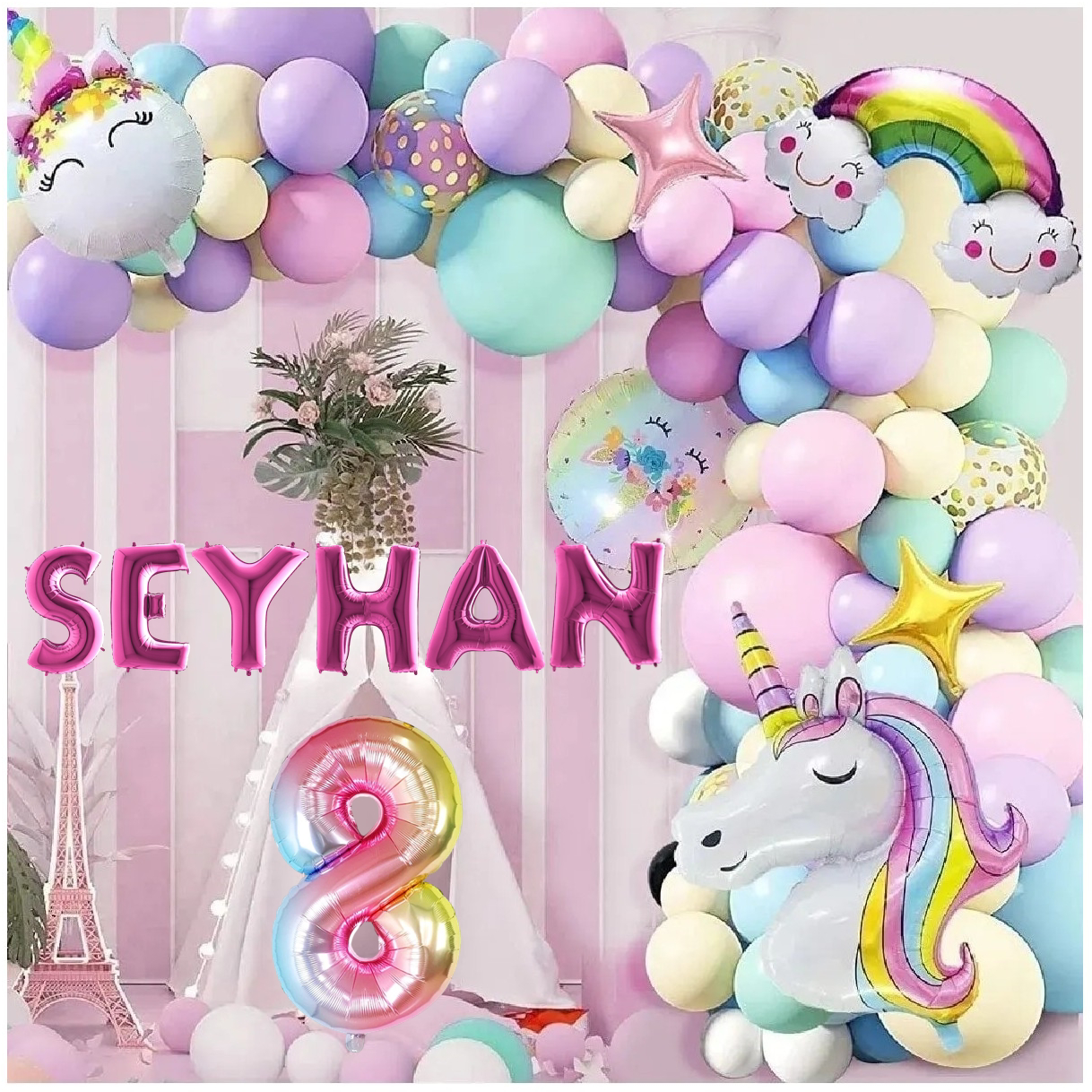 6 Harfli Yaş Seçenekli Gökkuşağı Konseptli Unicorn Temalı Makaron 6 Harfli Yaş Seçenekli Gökkuşağı Konseptli Unicorn Temalı Makaron