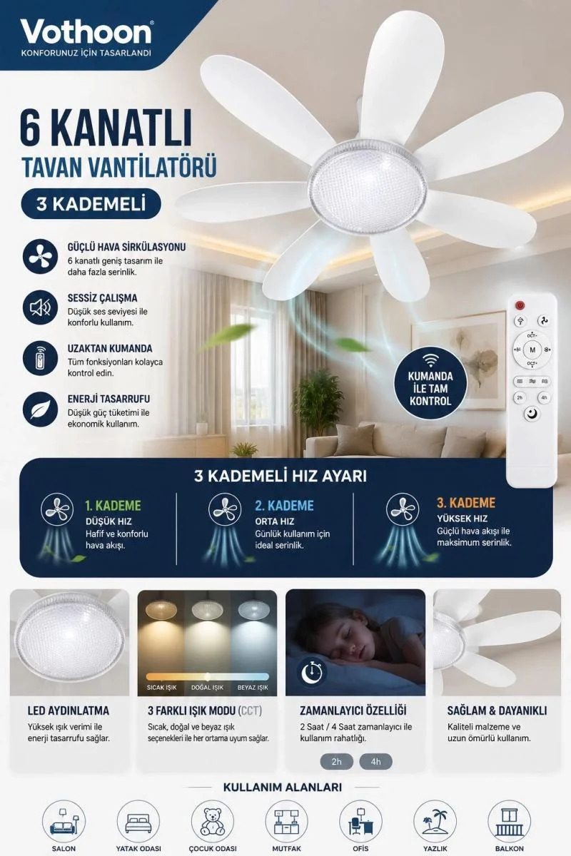 6 Kanatlı LED Aydınlatmalı Uzaktan Kumandalı Tavan Vantilatörü Fiyatı, Yorumları ve Özellikleri