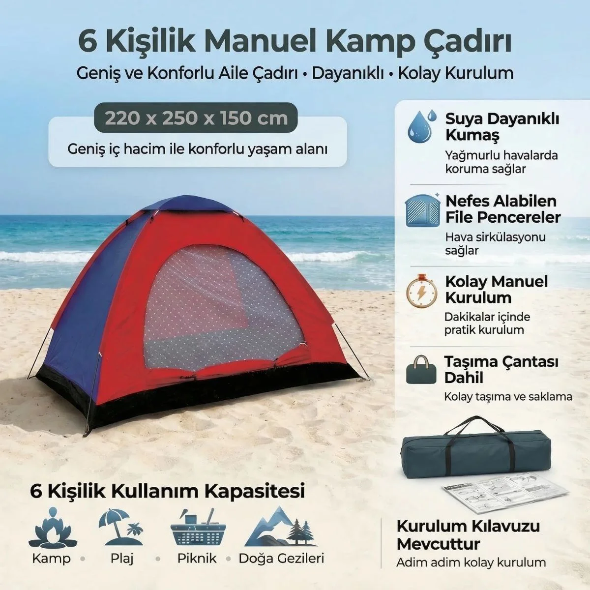 6 Kişilik Manuel Kurulum Kamp Çadırı – Aile, Doğa, Piknik ve Outdoor Kamp Çadırı 220x250x150 cm 6 Kişilik Manuel Kurulum Kamp Çadırı – Aile, Doğa, Piknik ve Outdoor Kamp Çadırı 220x250x150 cm Fiyatı, Yorumları ve Özellikleri