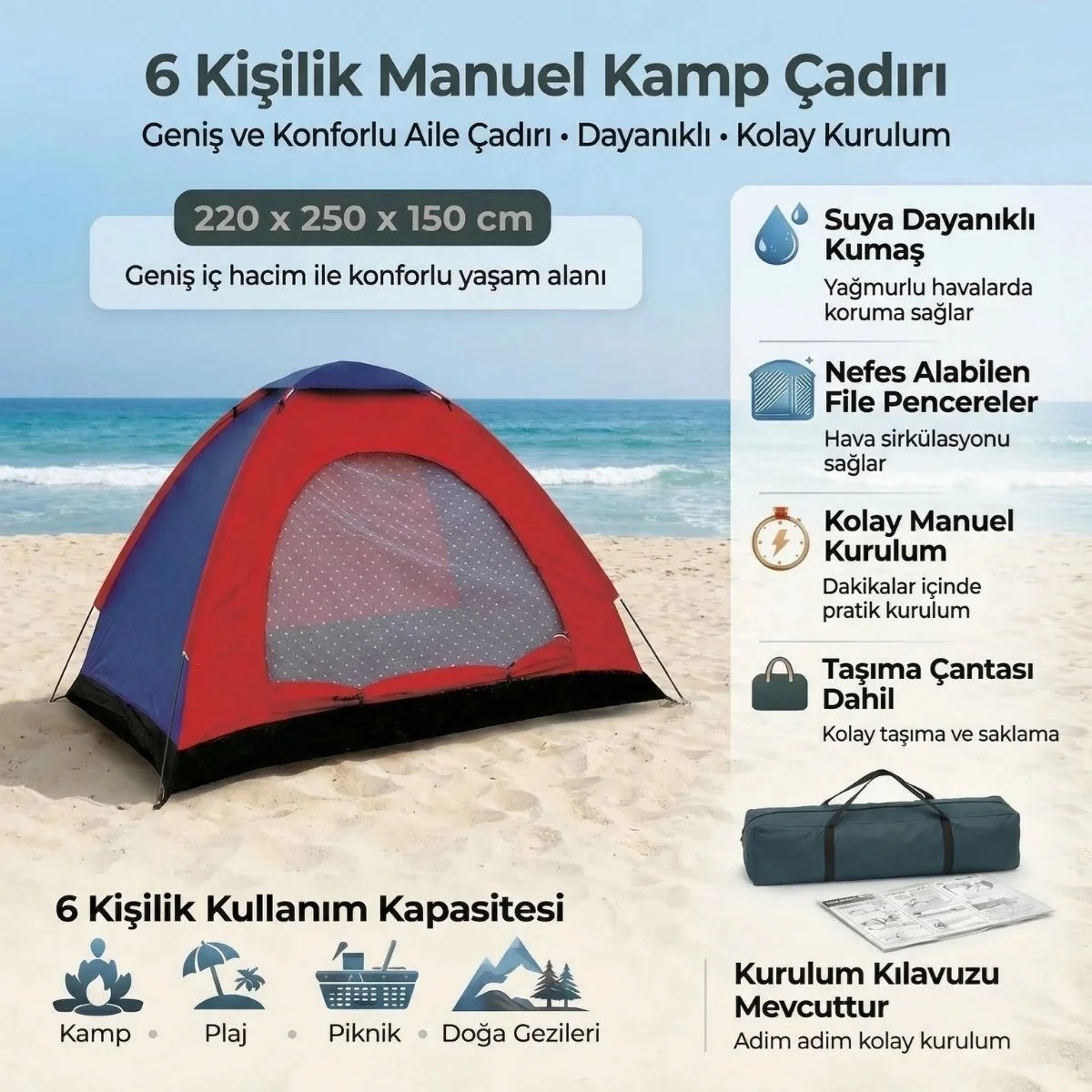 6 Kişilik Manuel Kurulum Kamp Çadırı – Aile, Doğa, Piknik Ve Outdoor Kamp Çadırı 220x250x150 Cm Bx40 Fiyatı, Yorumları ve Özellikleri