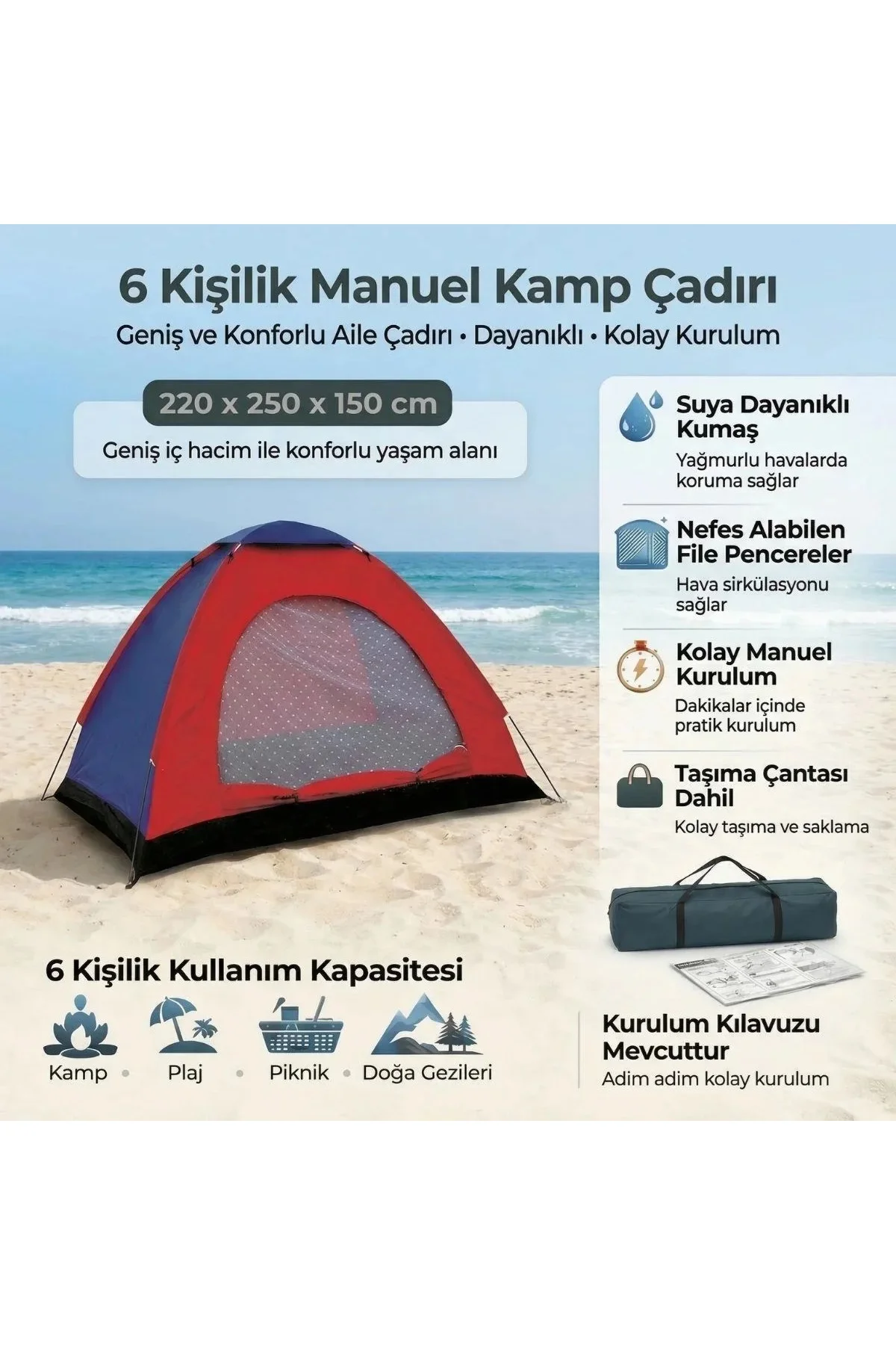 6 Kişilik Manuel Kurulum Kamp Çadırı – Aile, Doğa, Piknik ve Outdoor Kamp Çadırı 220x250x150 cm 6 Kişilik Manuel Kurulum Kamp Çadırı – Aile, Doğa, Piknik ve Outdoor Kamp Çadırı 220x250x150 cm