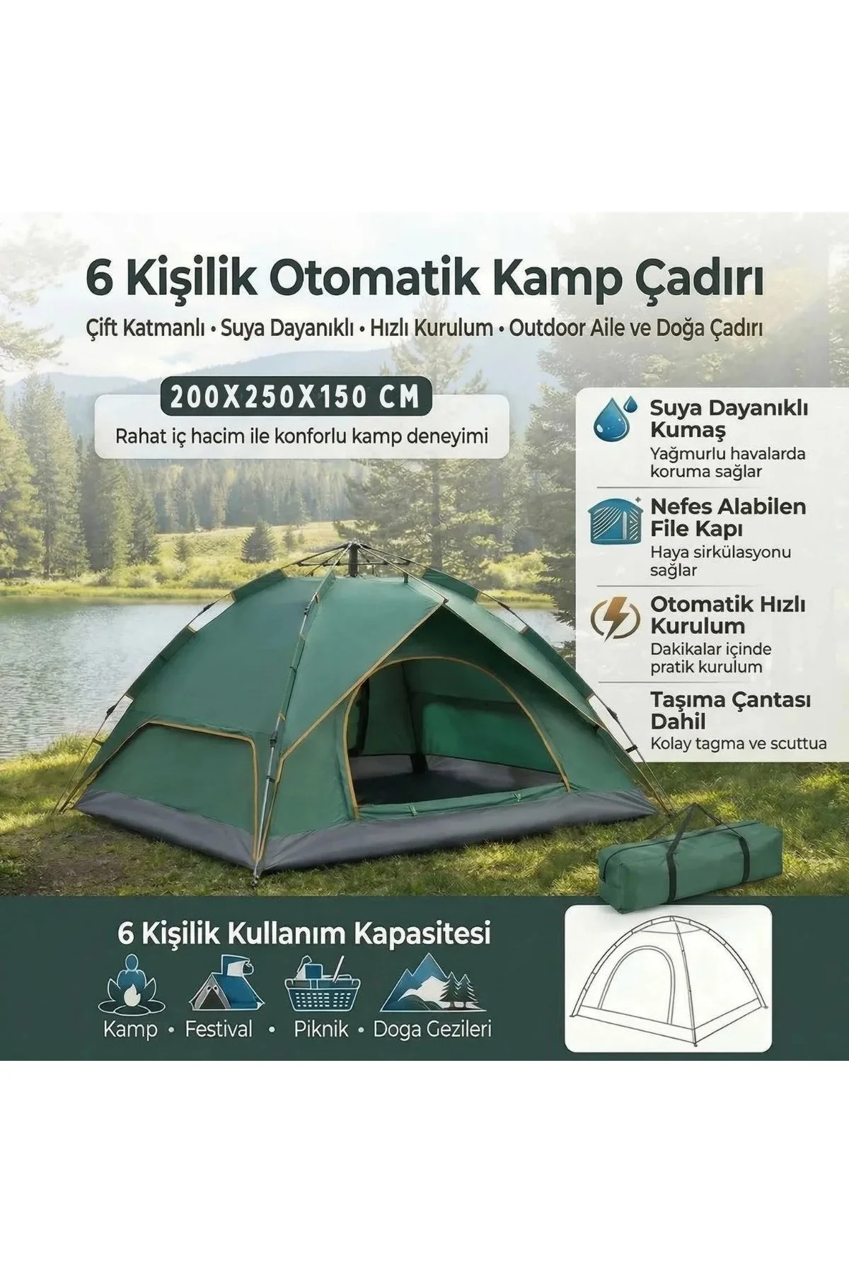 6 Kişilik Otomatik Kamp Çadırı – Çift Katmanlı, Suya Dayanıklı, Hızlı Kurulum Outdoor Aile ve Doğa Ç 6 Kişilik Otomatik Kamp Çadırı – Çift Katmanlı, Suya Dayanıklı, Hızlı Kurulum Outdoor Aile ve Doğa Ç