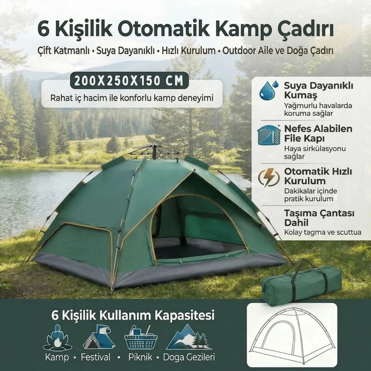 6 kişilik Otomatik Kamp Çadırı – Çift Katmanlı, Suya Dayanıklı, Hızlı Kurulum Outdoor Aile Ve Doğa Çadırı 200x250x150 Cm Bx40 Fiyatı, Yorumları ve Özellikleri
