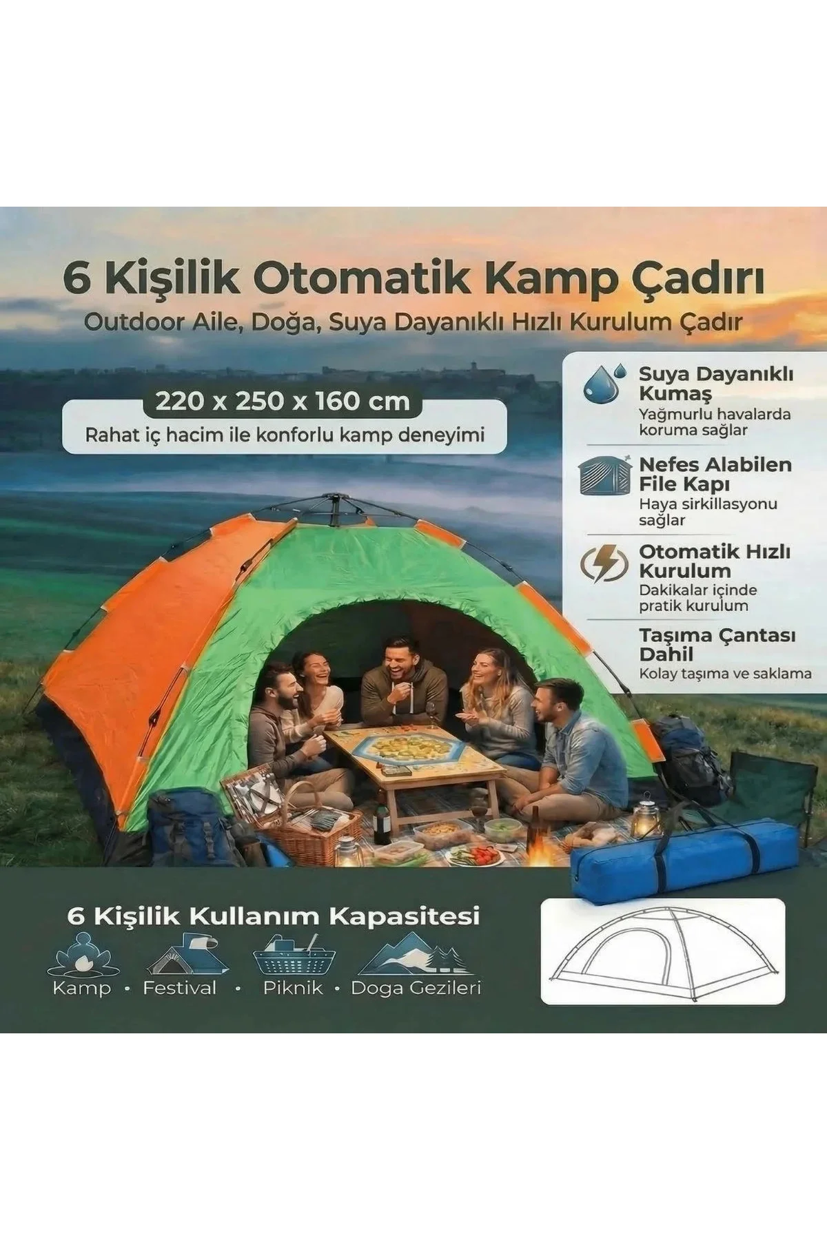 6 Kişilik Otomatik Kurulum Kamp Çadırı – Outdoor Aile, Doğa, Suya Dayanıklı Hızlı Kurulum Çadır 220x 6 Kişilik Otomatik Kurulum Kamp Çadırı – Outdoor Aile, Doğa, Suya Dayanıklı Hızlı Kurulum Çadır 220x