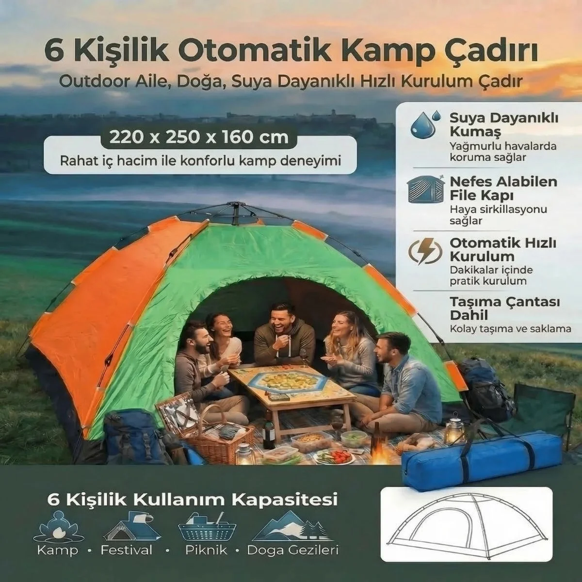 6 Kişilik Otomatik Kurulum Kamp Çadırı – Outdoor Aile, Doğa, Suya Dayanıklı Hızlı Kurulum Çadır 220x250x160 Cm Bx40 Fiyatı, Yorumları ve Özellikleri