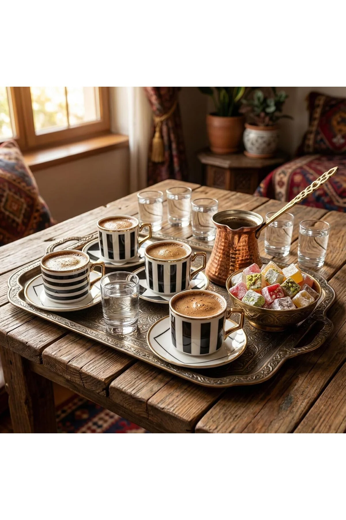 6 Kişilik Porselen Türk Kahvesi Fincan Takımı – Modern Siyah Beya